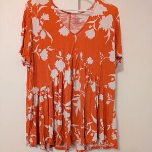 Lane Bryant Orange and White Floral Short Sleeve Top
